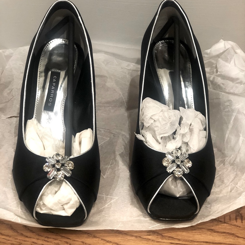 Open toe Black satin kitten heels